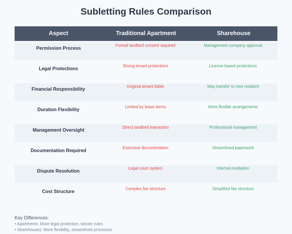 Subletting Rules Comparison Table